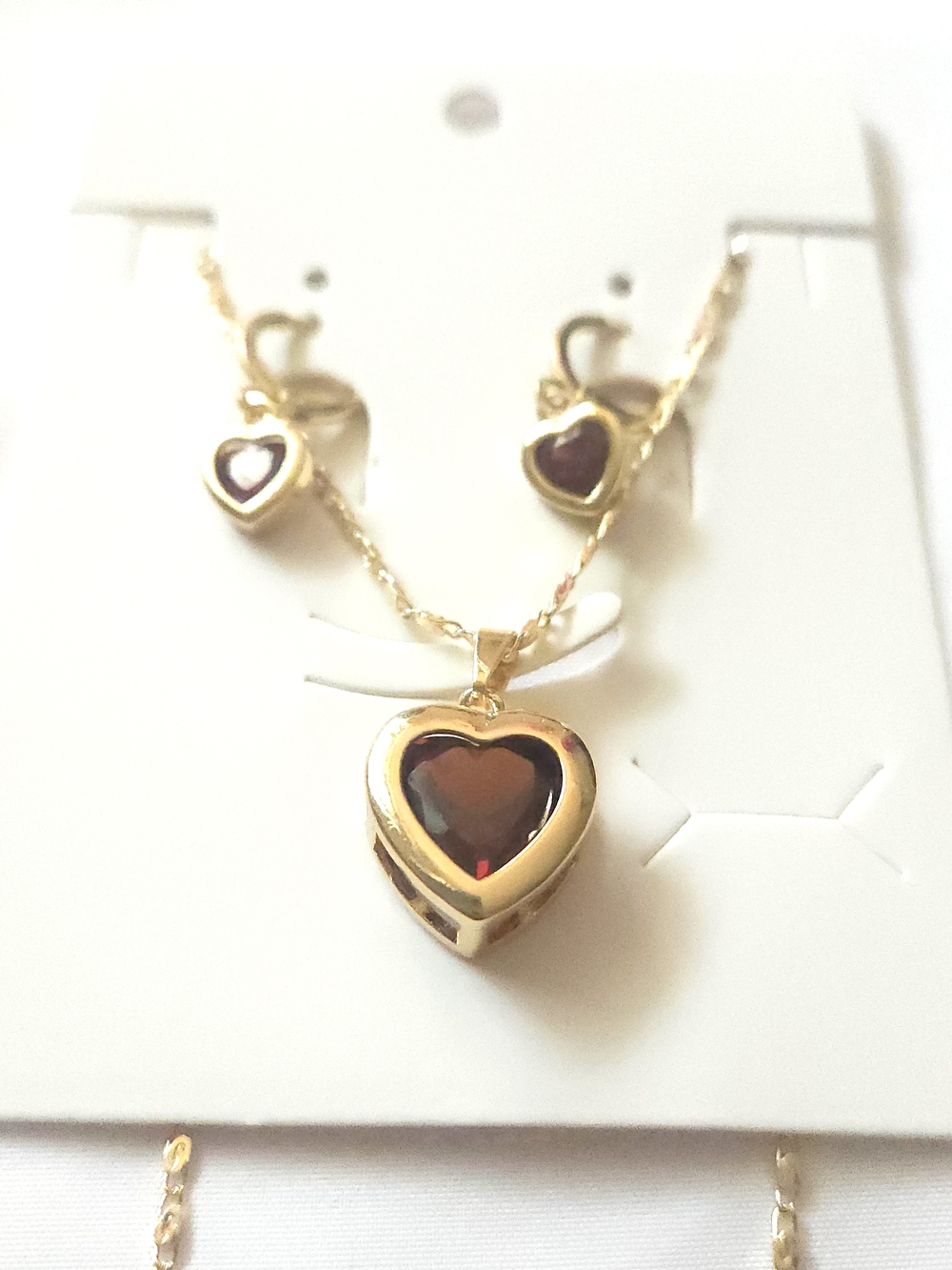 Gold Heart Pendant Necklace and Earrings Set with Burgundy Stones